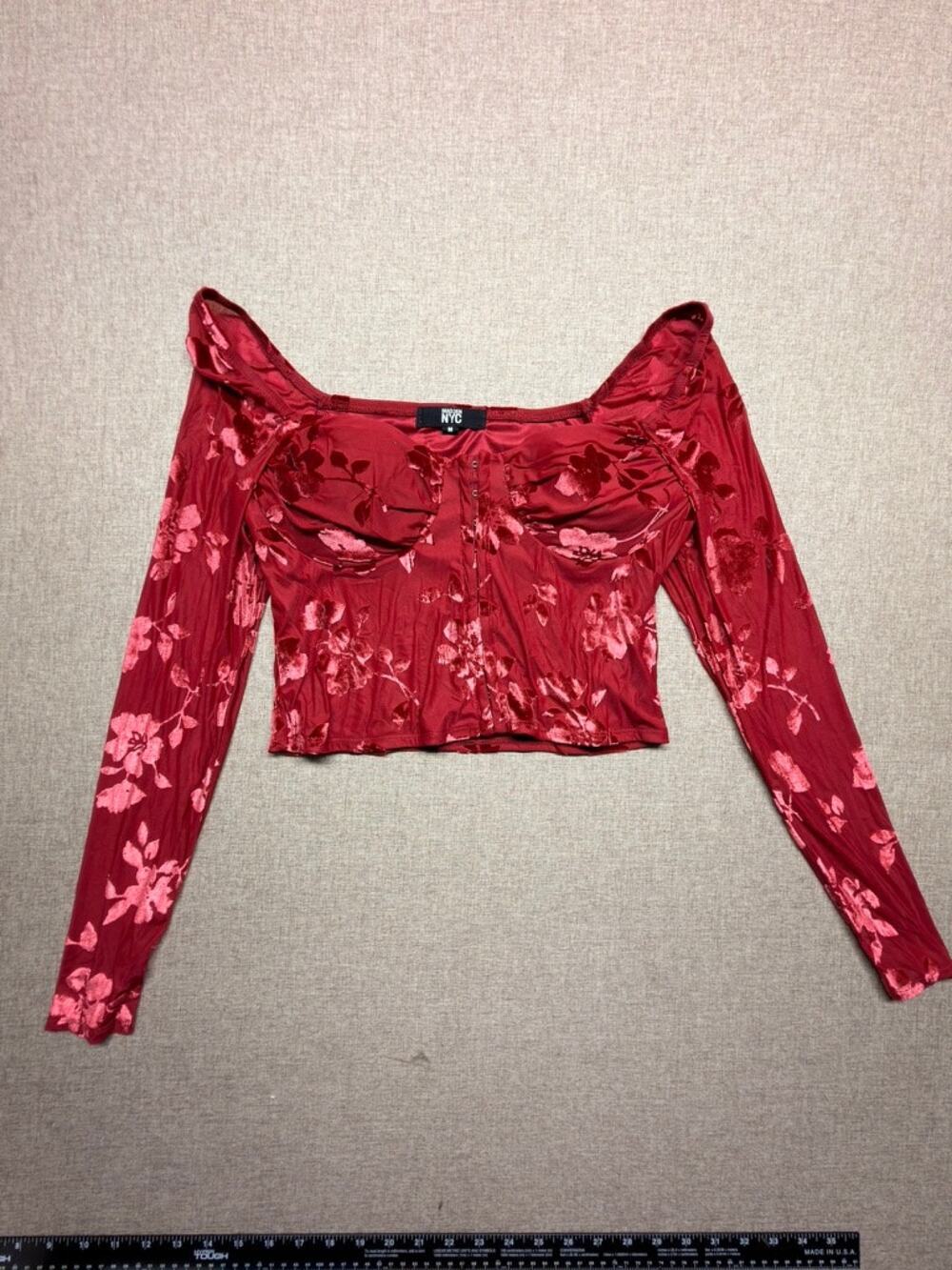 Made in NYC Red Floral Velvet Burnout Corset Crop Top NWOT Med Y2K